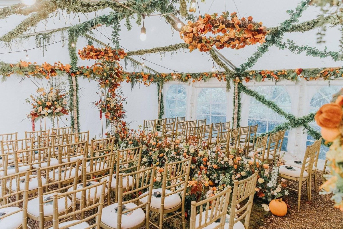 Autumn wedding marquee decor