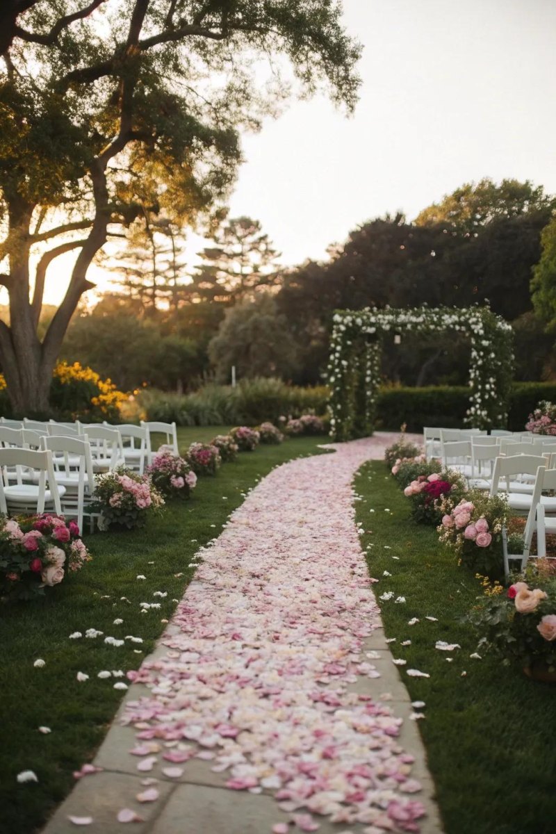 Flower decorated backyard wedding aisle
