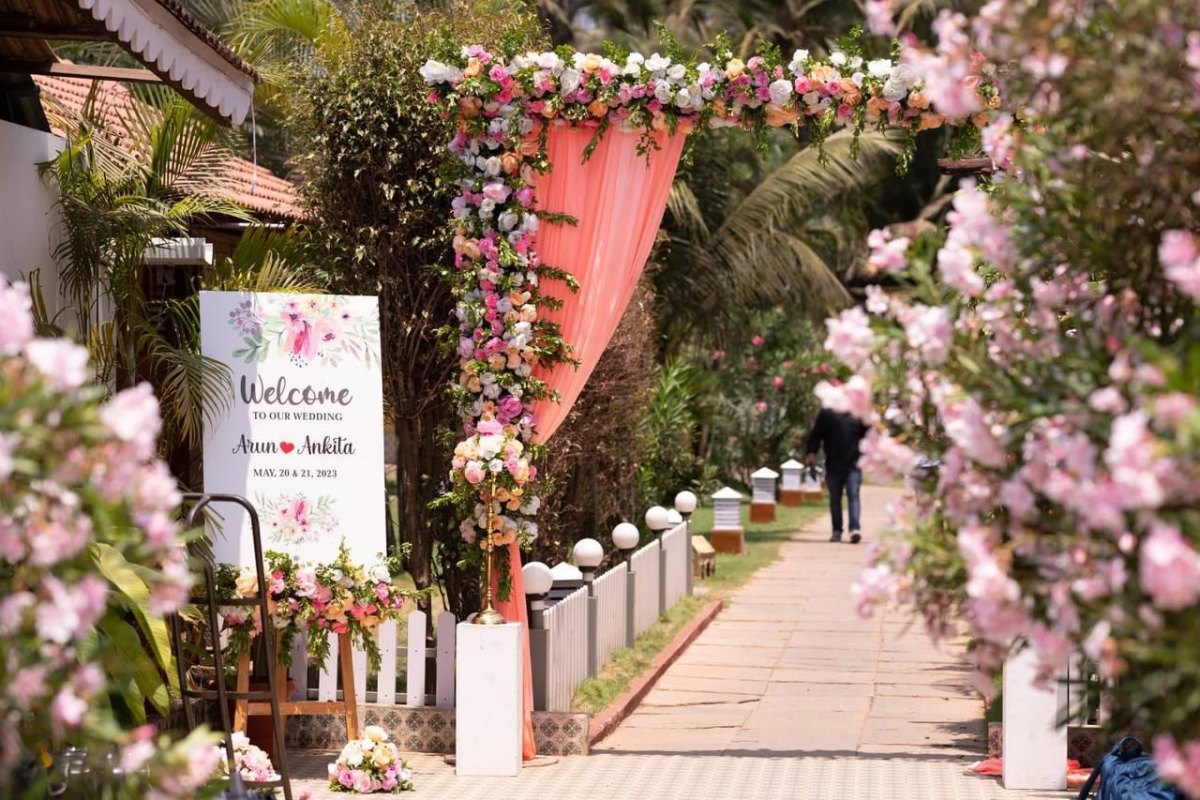 Decorated backyard wedding entrance