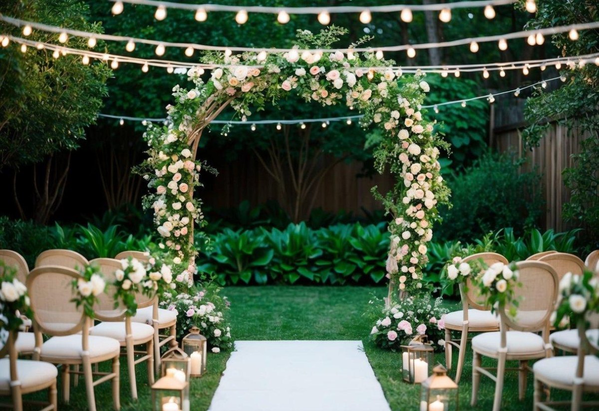 Floral arch at summer backyard wedding