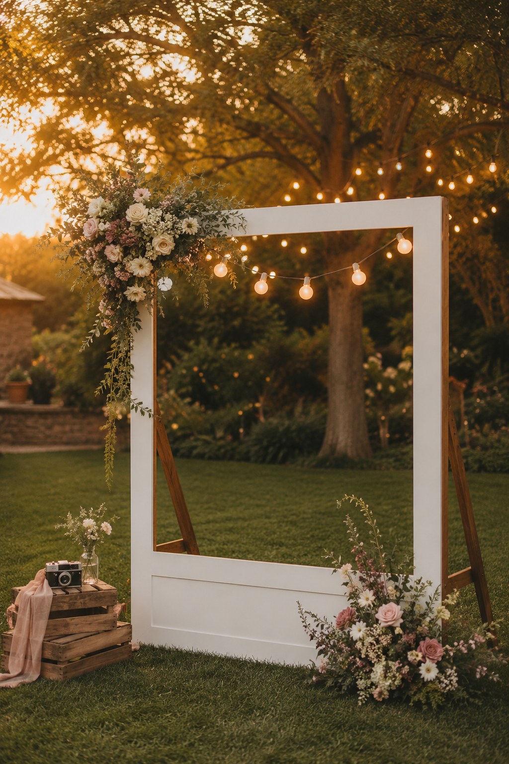 An oversized white frame decorated with florals serves as a backyard wedding photo booth backdrop
