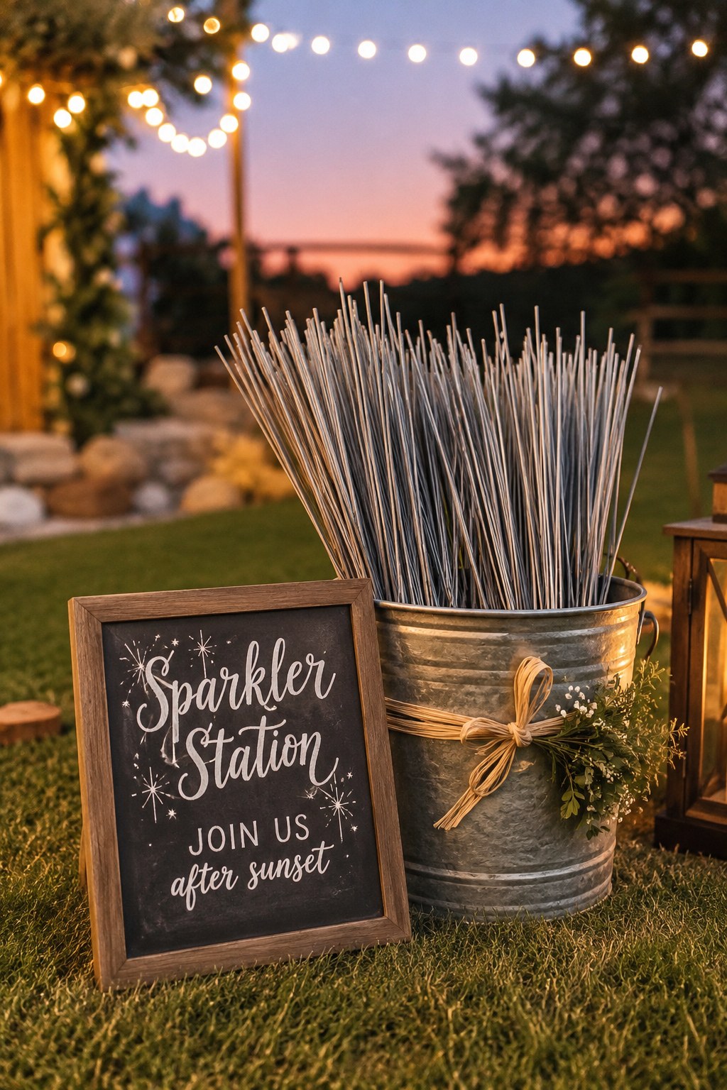 A galvanized sparkler station sign invites backyard wedding guests to a sunset send-off