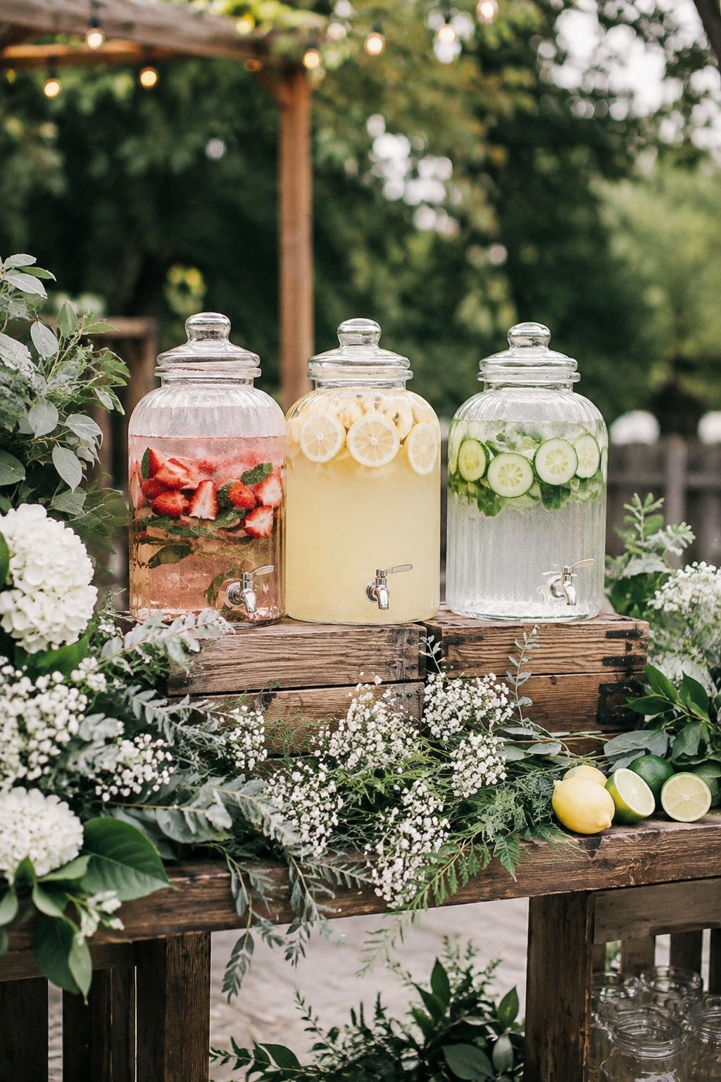 Three glass dispensers of infused water offer a self-serve drink station at a backyard wedding