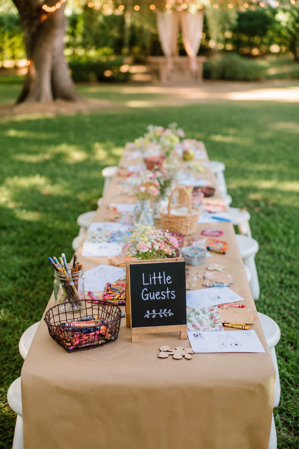 A Little Guests kids' table with crayons and activities keeps young guests busy at a backyard wedding