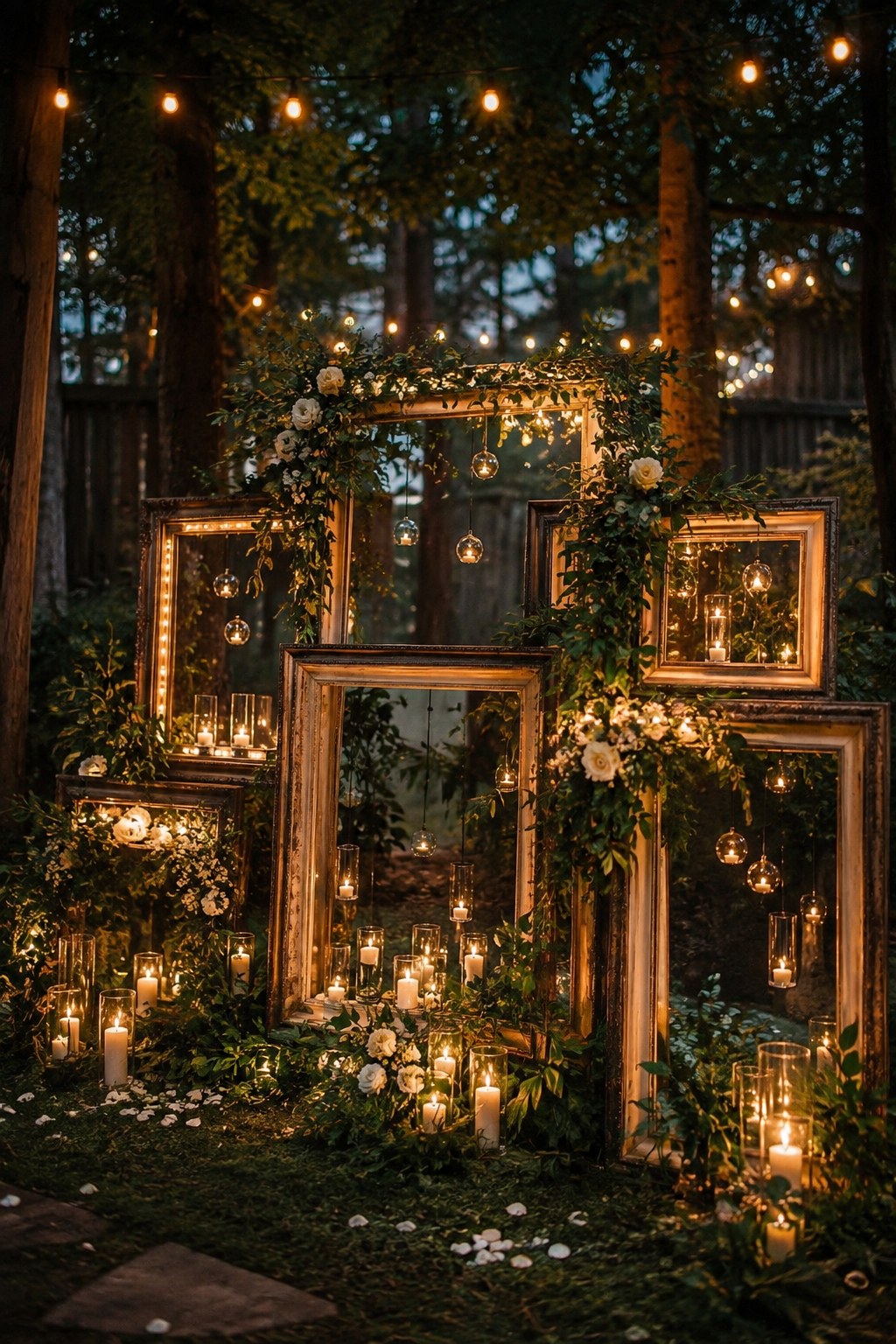Vintage frames stacked with candles and greenery form a glowing backyard wedding backdrop after dark