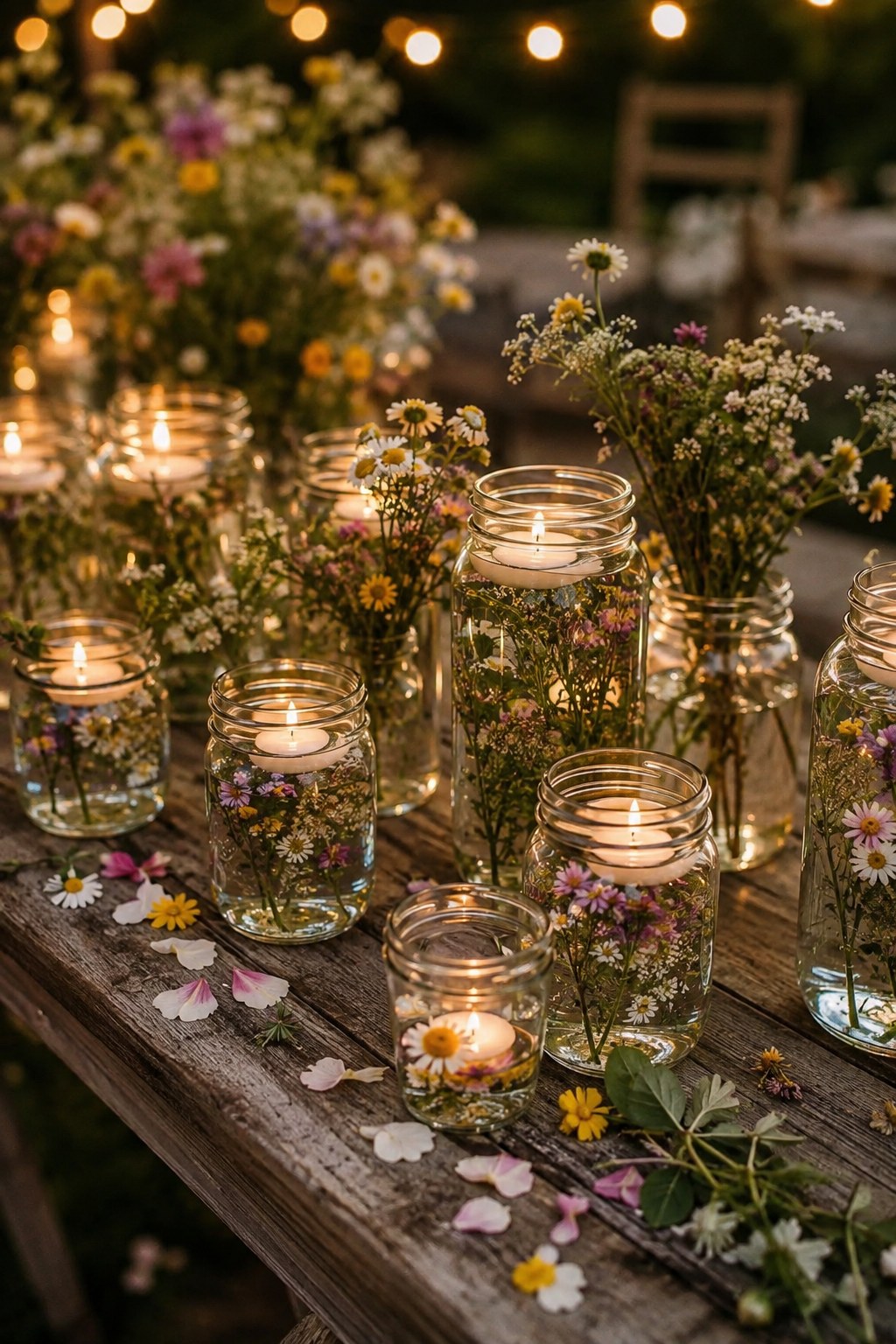 Wildflower-filled mason jar candles create a rustic centerpiece for an outdoor backyard wedding table