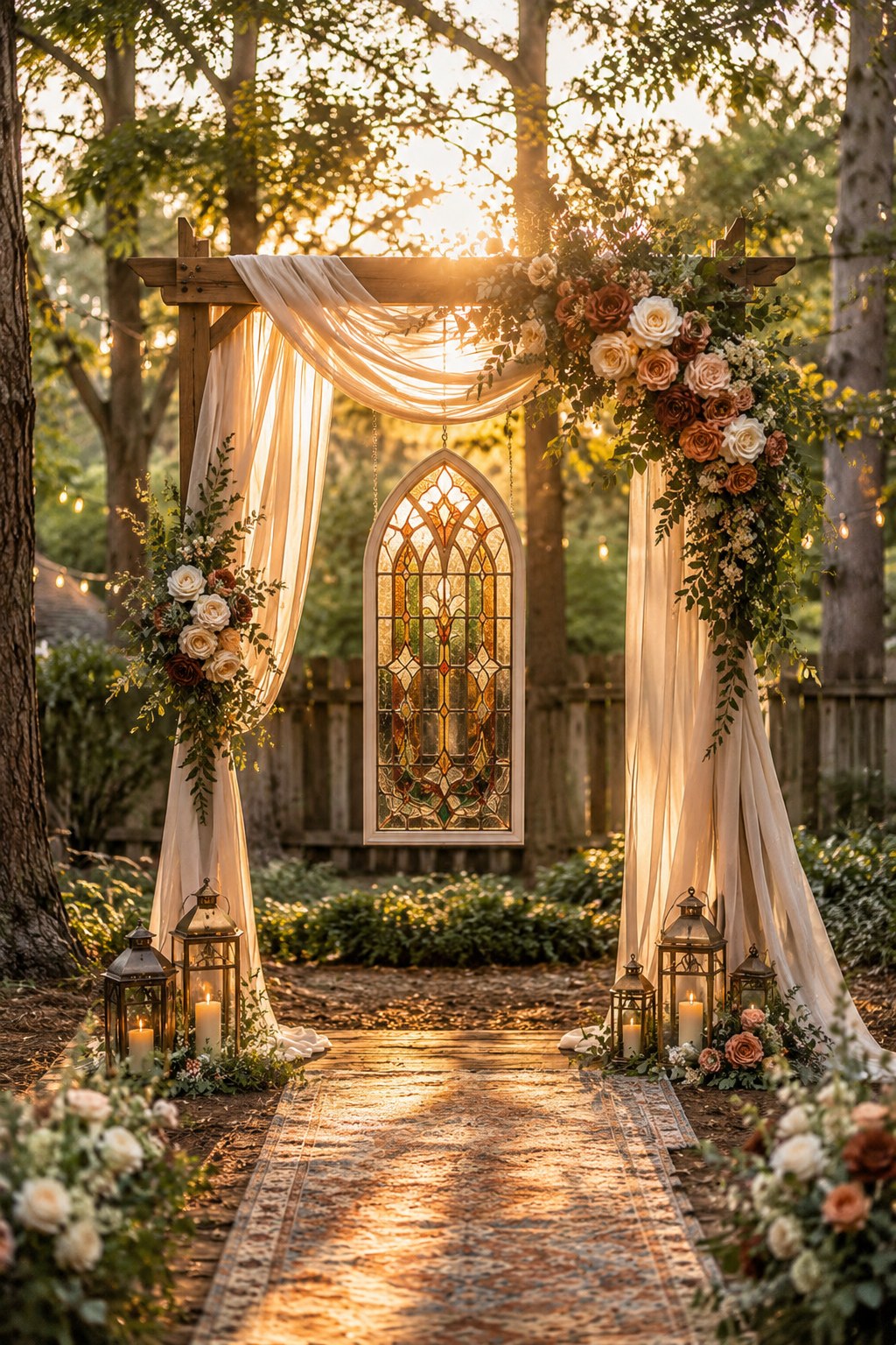 A draped wood ceremony arch frames a stained-glass window backdrop at a backyard wedding at sunset