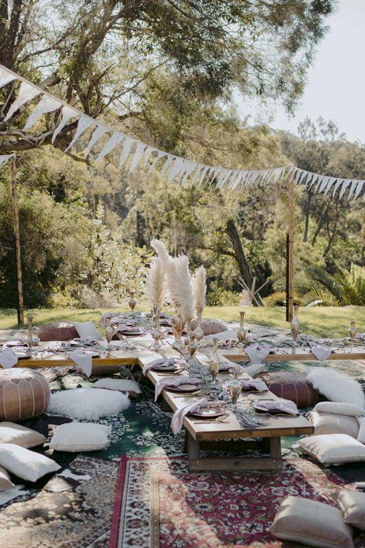 Boho backyard wedding picnic reception