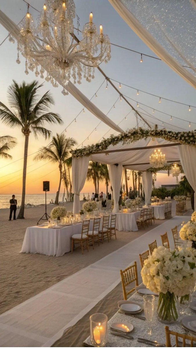 Beachfront summer wedding reception decor