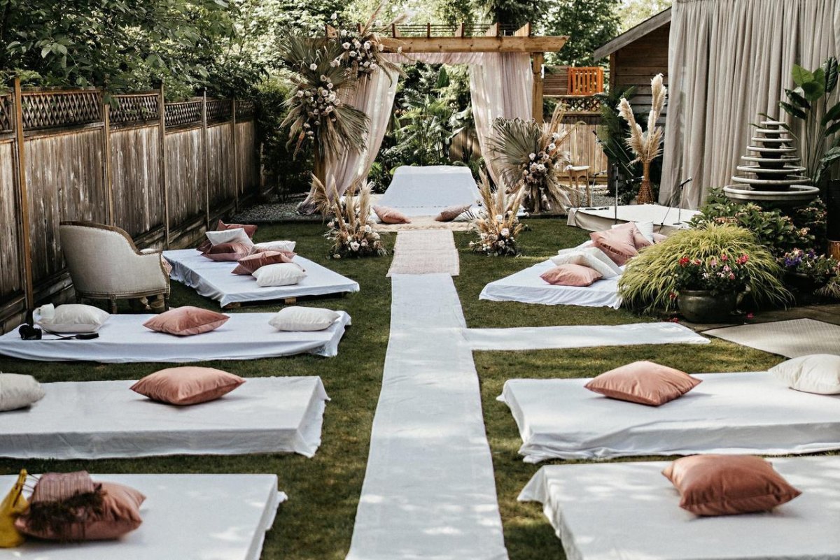 Bohemian backyard wedding lounge area