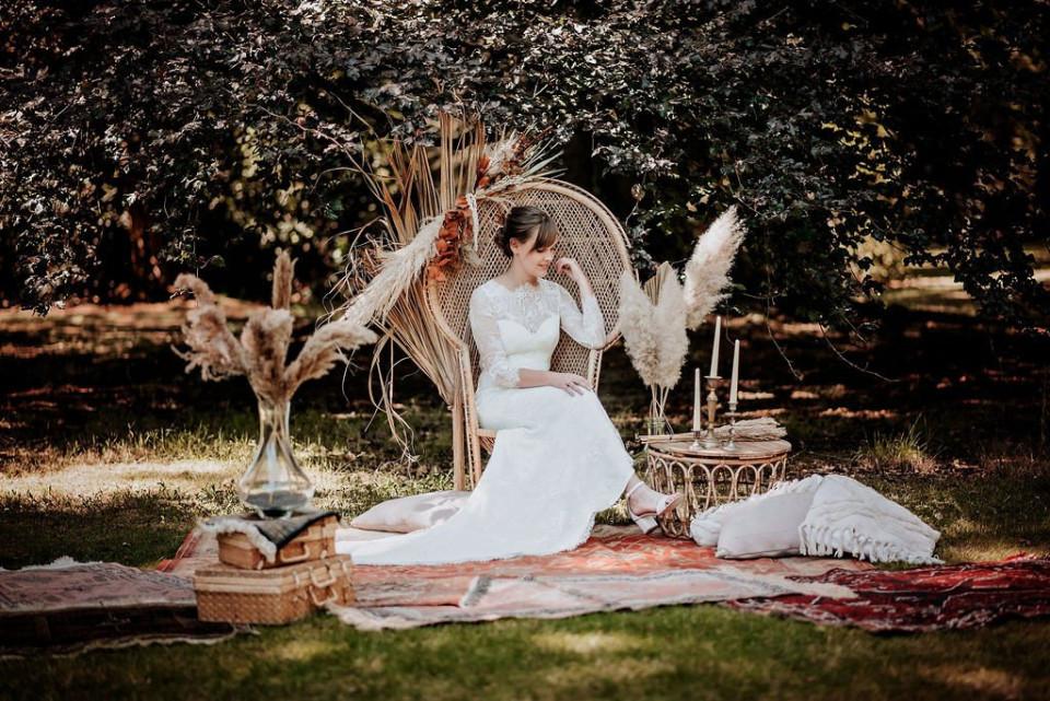Bohemian bride portrait corner outdoors