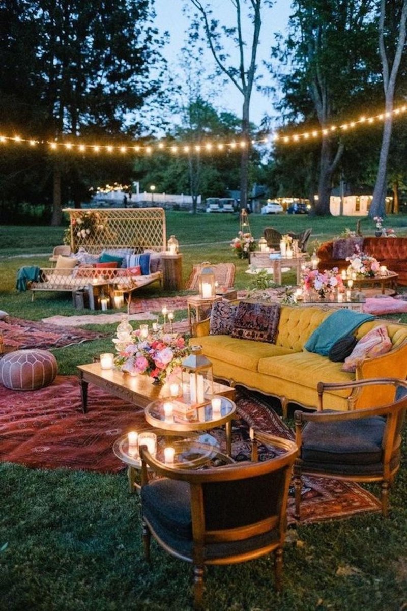 Bohemian backyard wedding lounge seating