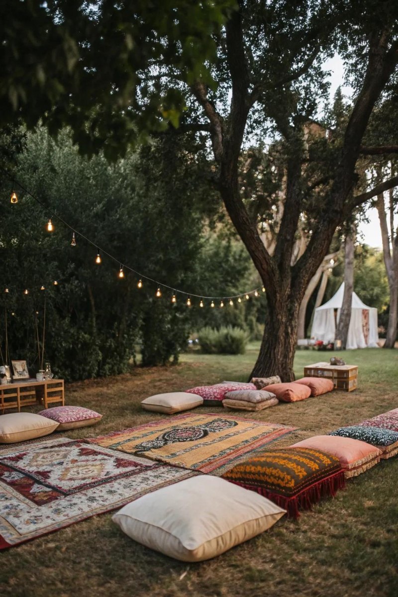 Bohemian lounge area at backyard wedding
