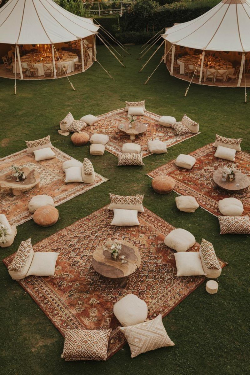 Bohemian outdoor wedding reception setup
