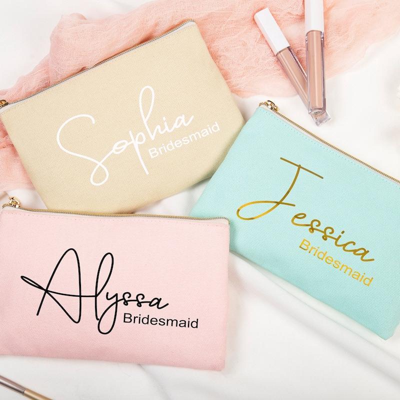Custom name bridesmaid makeup bag