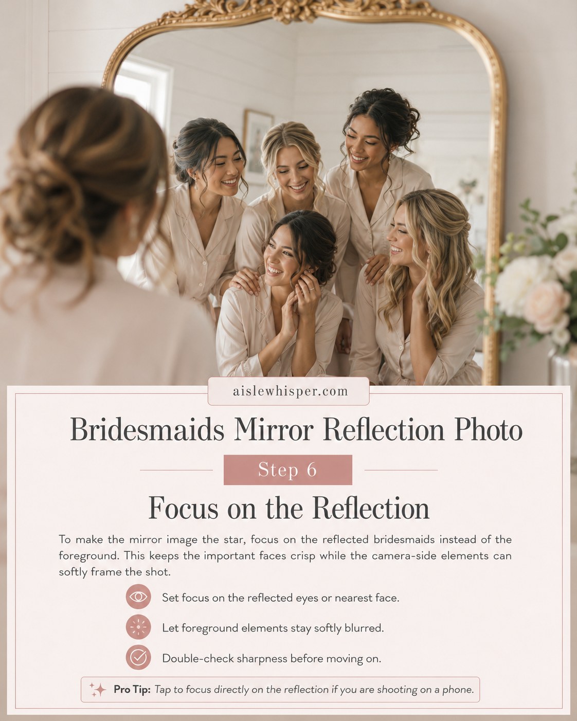 Sharp focus on the reflected bridesmaids anchors this layered mirror reflection photo.