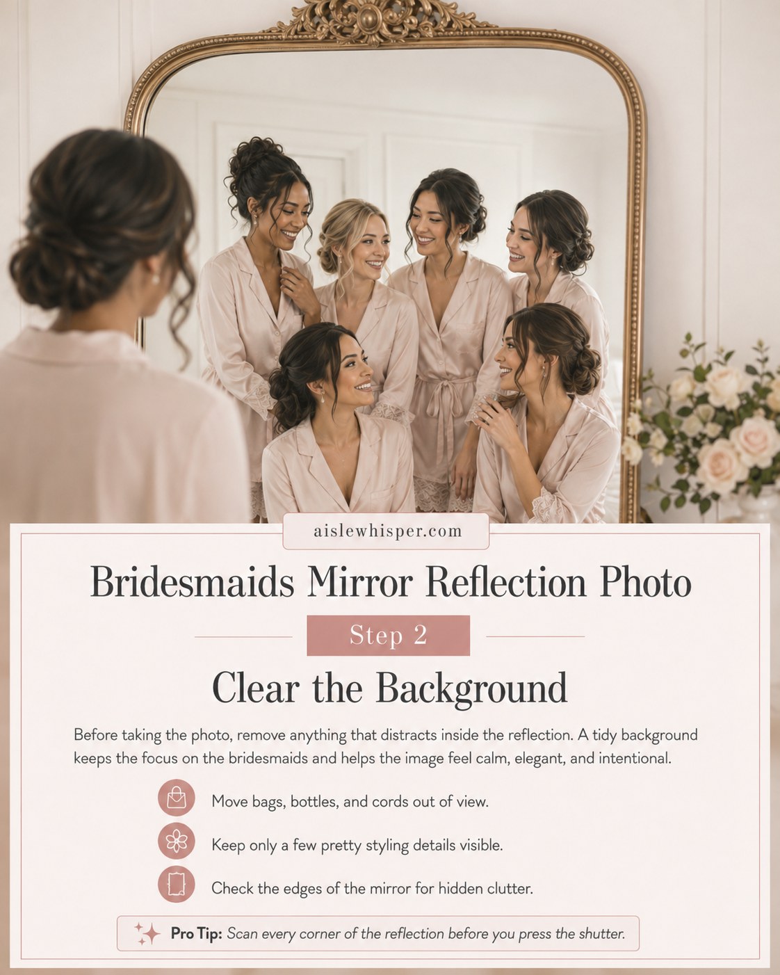 A tidied vanity area keeps this bridesmaids mirror reflection photo clean and free of visual clutter.