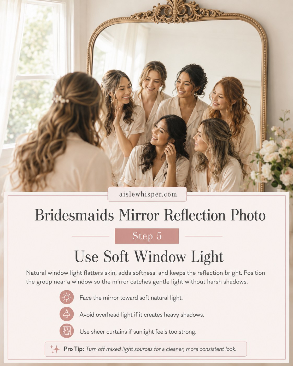 Soft window light brightens the whole group in this warmly lit bridesmaids mirror reflection photo.