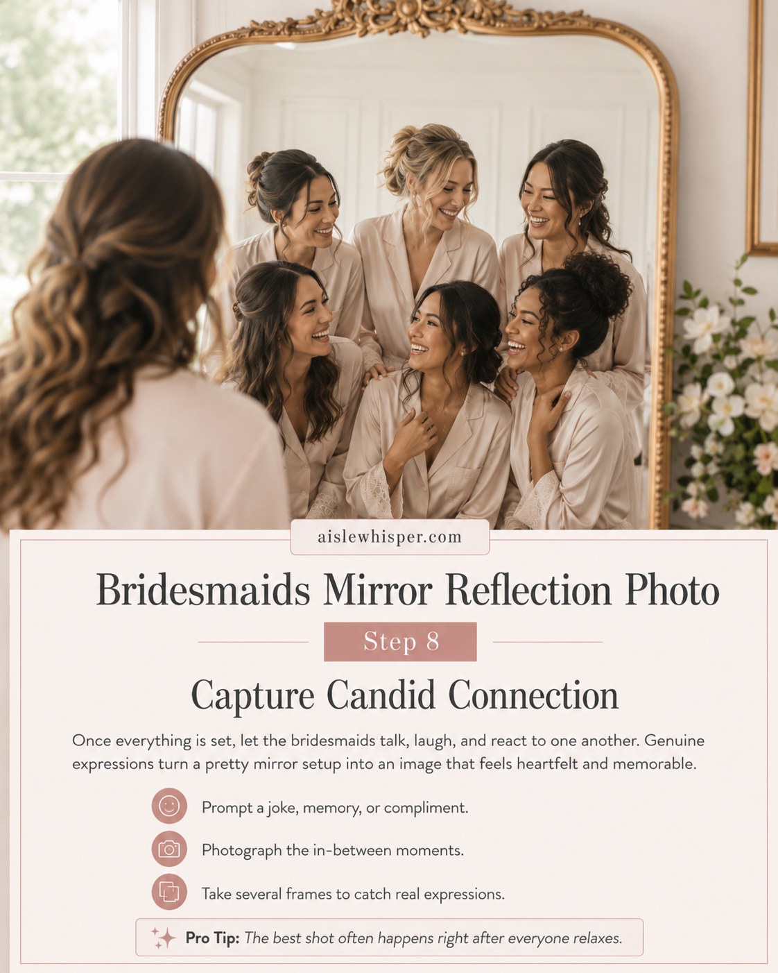 Genuine laughter between bridesmaids makes this candid mirror reflection photo feel alive.