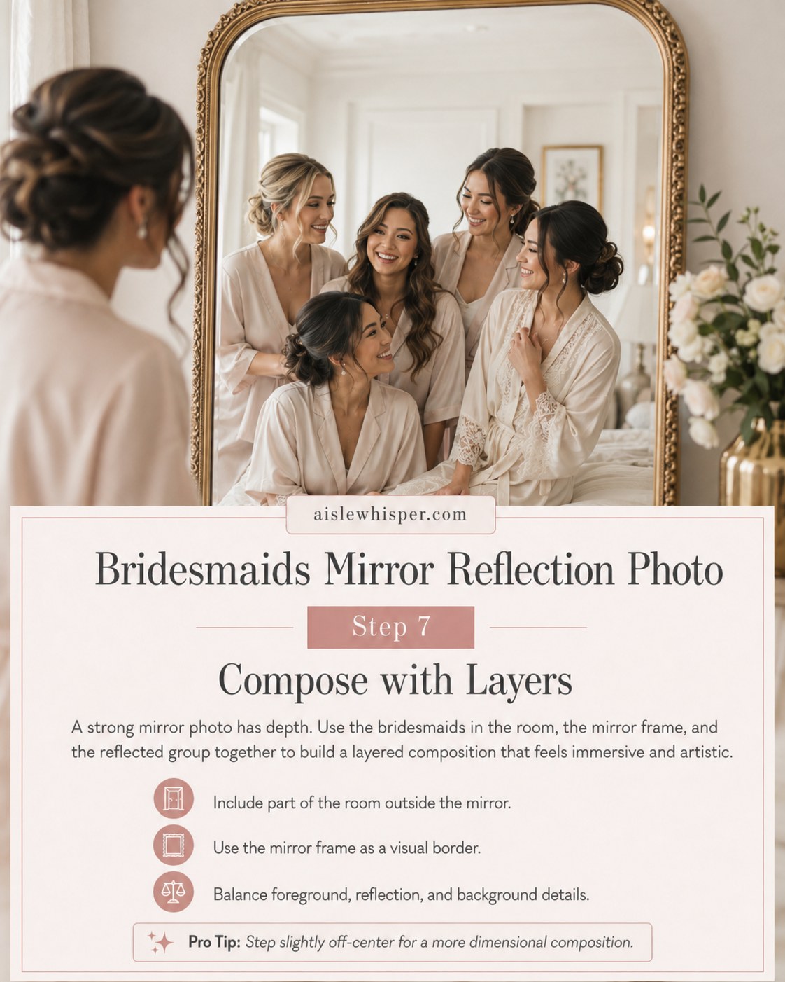 Layered framing with mirror, room, and florals deepens this bridesmaids mirror reflection photo.
