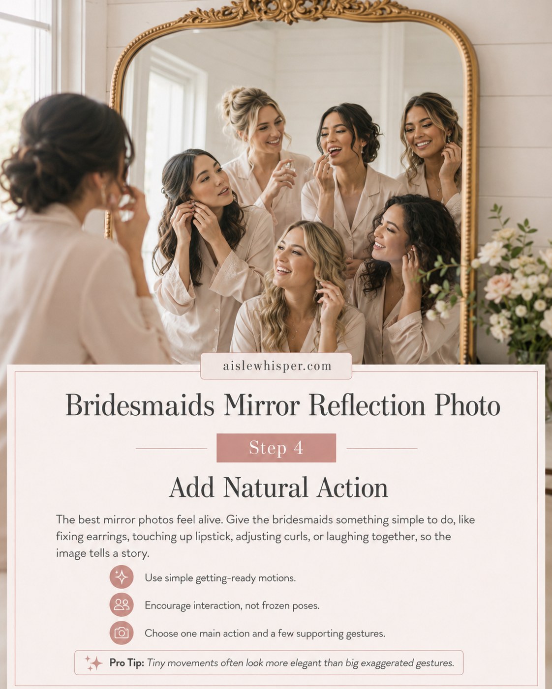 Bridesmaids adjust earrings and hair together for a natural bridesmaids mirror reflection photo.
