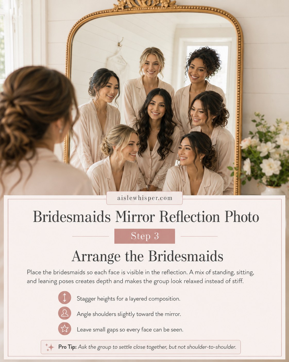 Bridesmaids arranged at staggered heights create real depth in this mirror reflection photo composition.
