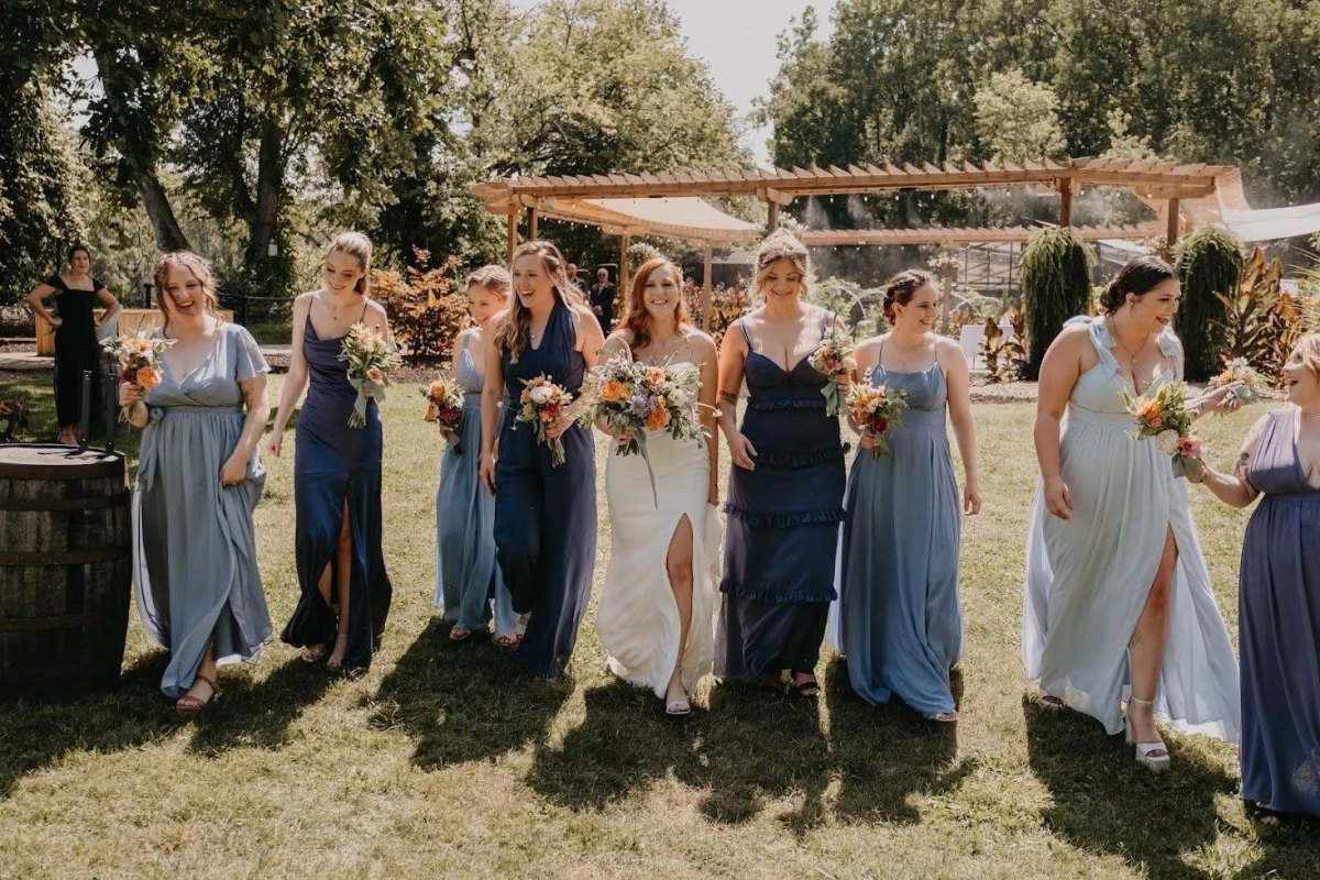Bridesmaids walking side by side