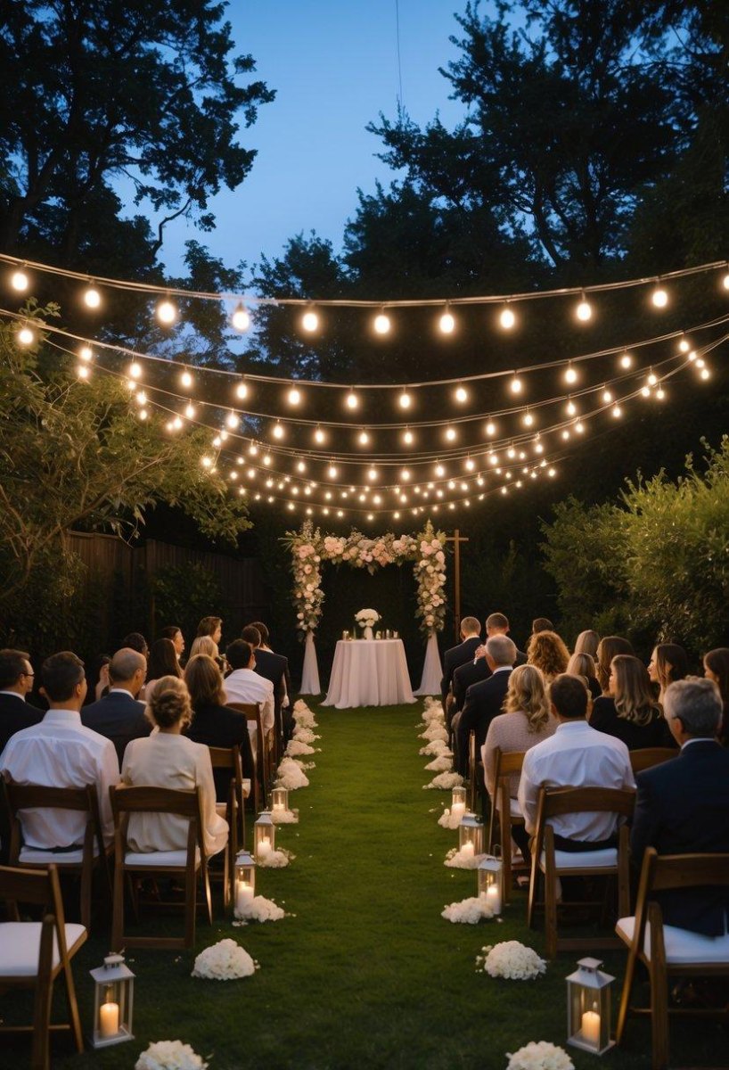 Candlelit backyard wedding ceremony at night