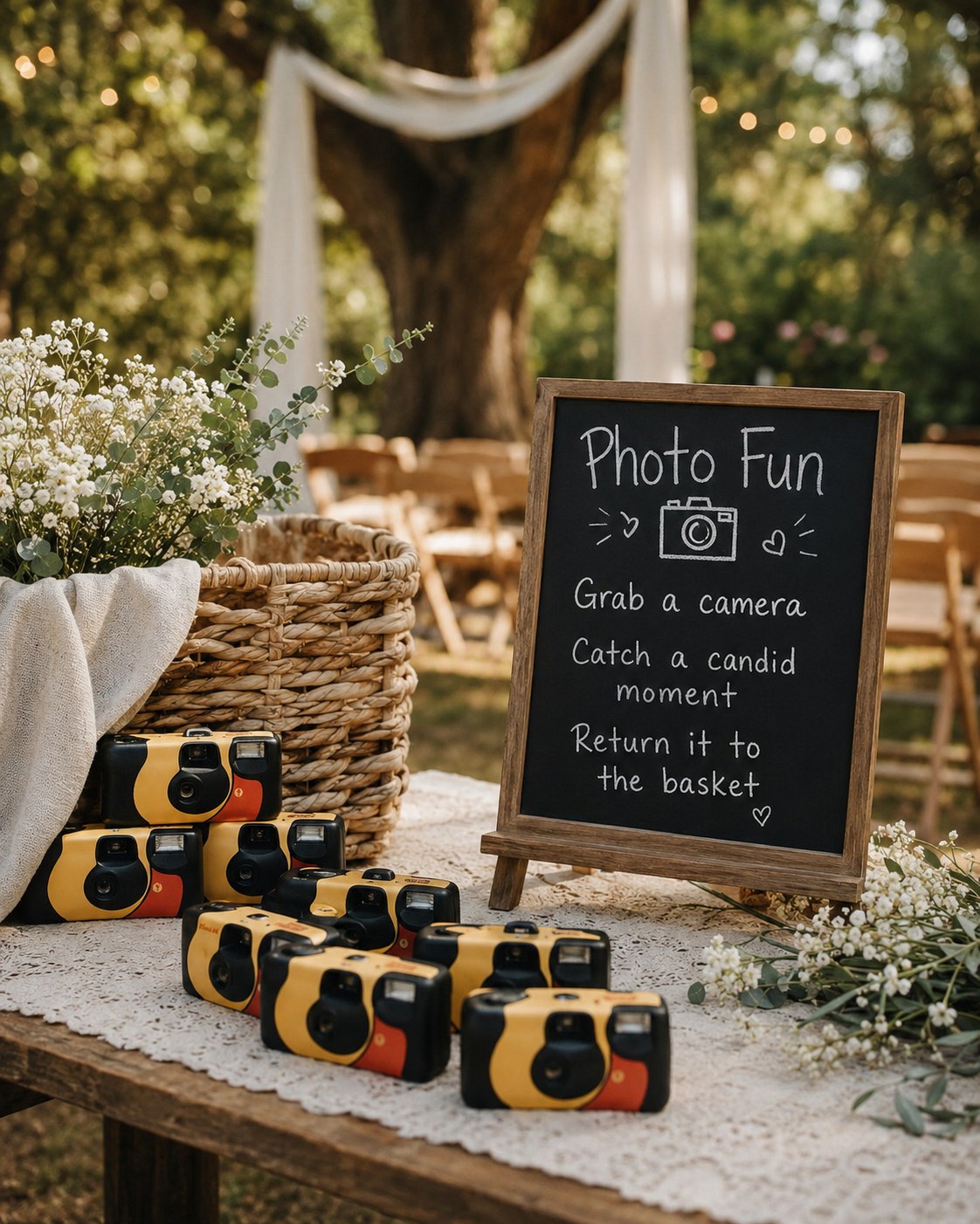 Basket of disposable cameras with a photo fun sign, a favorite cheap wedding idea for candid guest photos