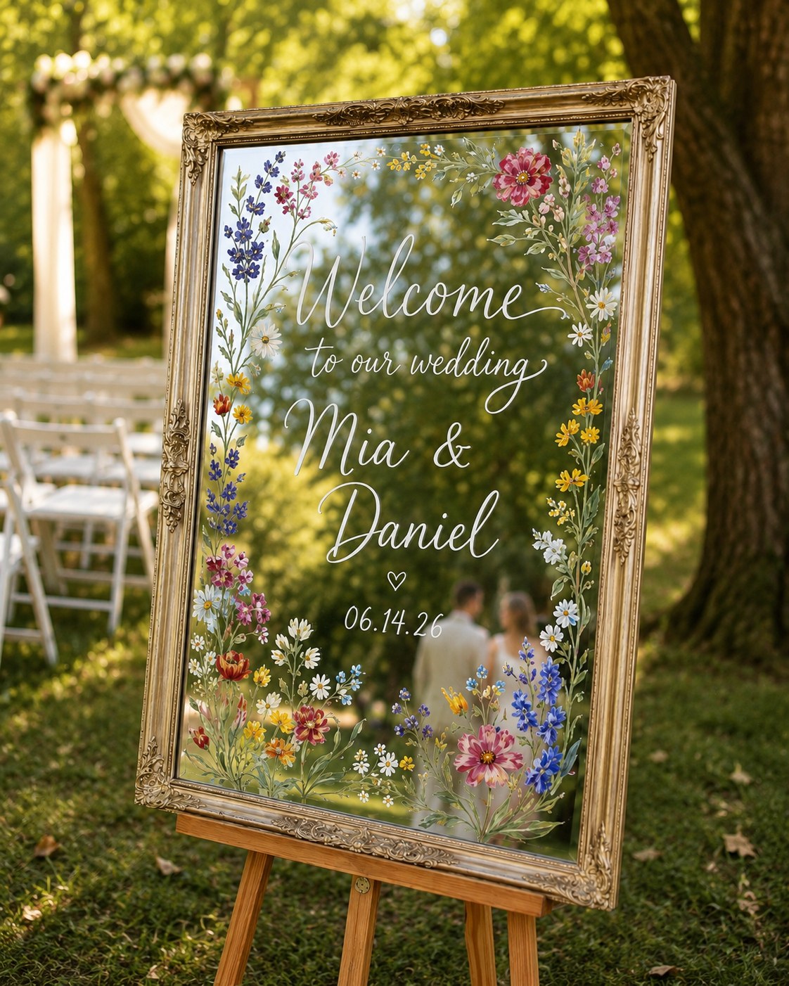 Antique mirror hand-painted with a floral welcome message, a creative cheap wedding idea for signage
