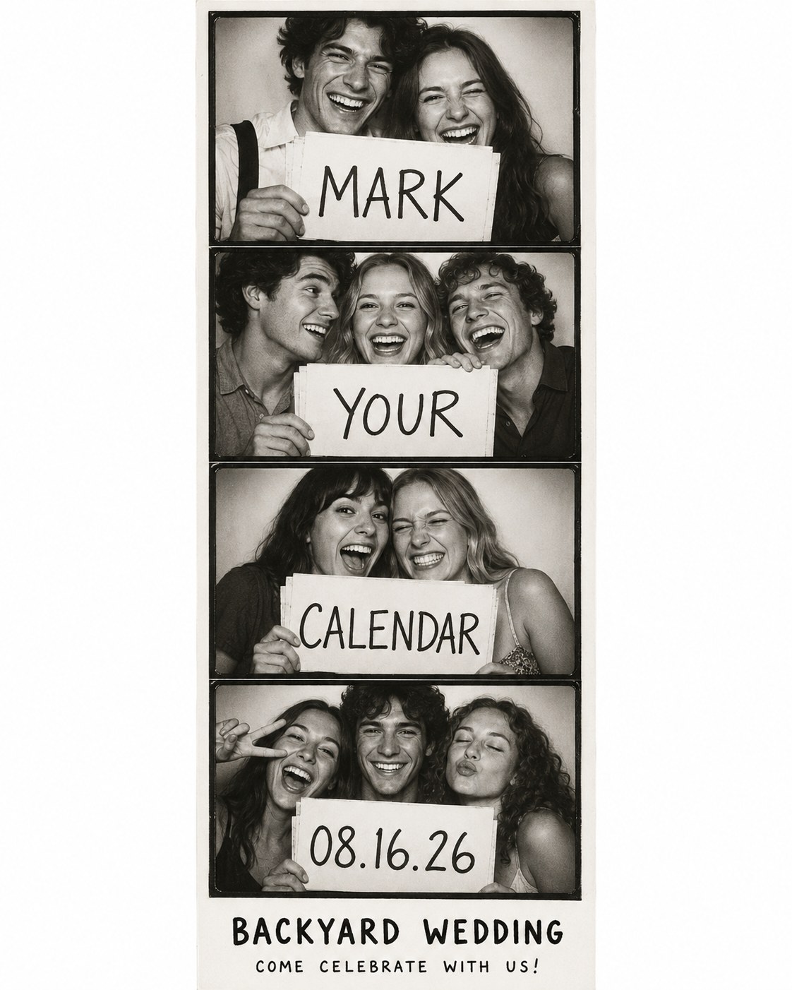 Black and white photo booth strip inviting guests to a backyard wedding, a low-cost invitation idea