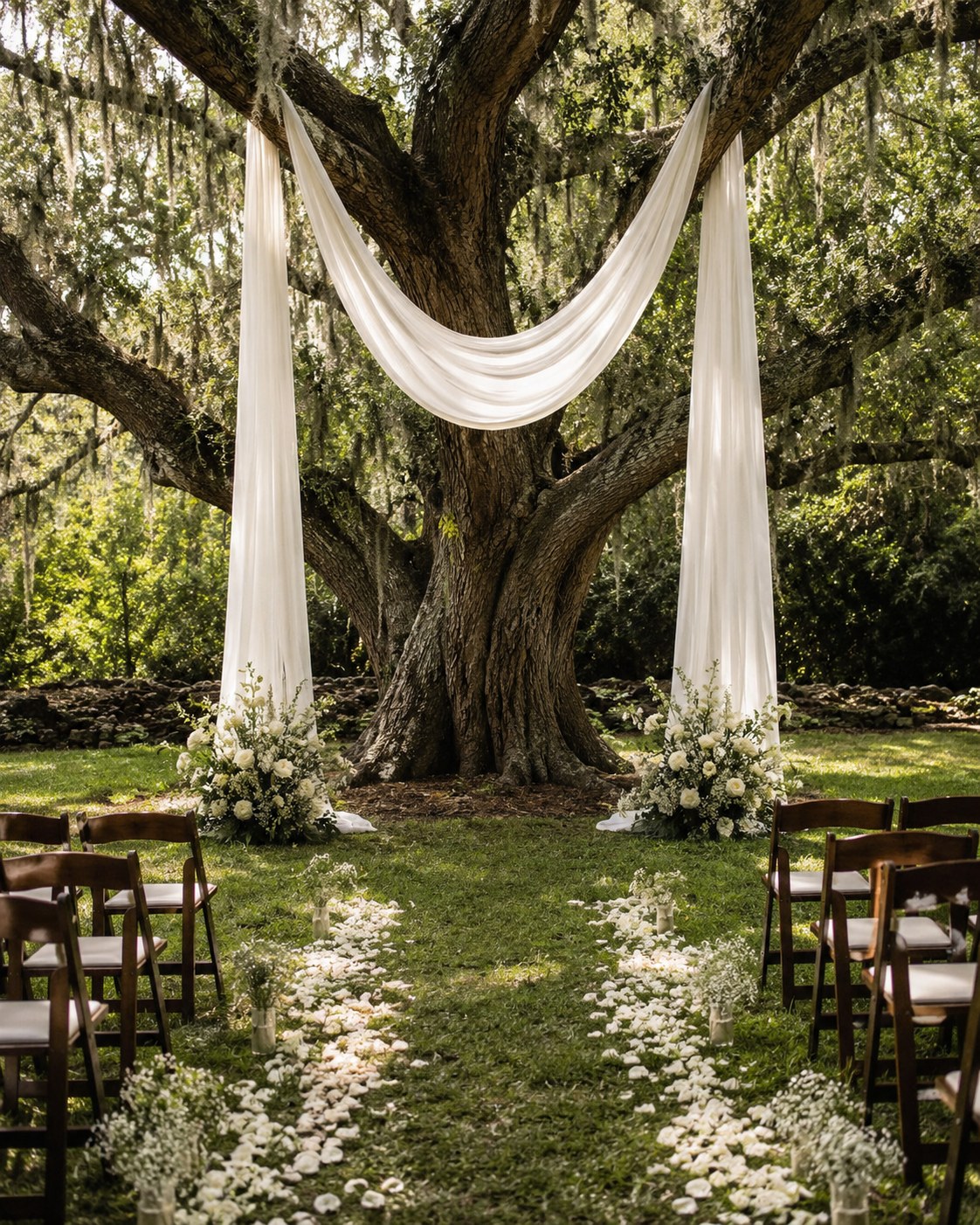 Draped white fabric on a mature oak tree framing a petal-lined aisle, a cheap wedding idea using existing trees