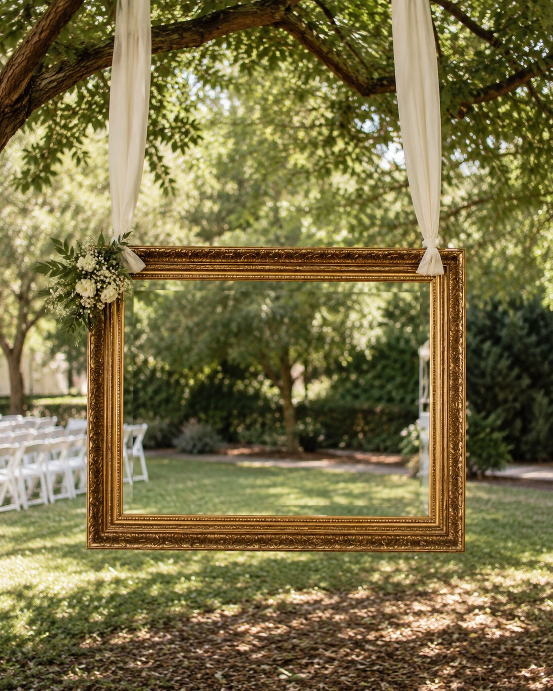 Gold vintage frame hung from a tree branch, a budget-friendly cheap wedding idea for a ceremony backdrop