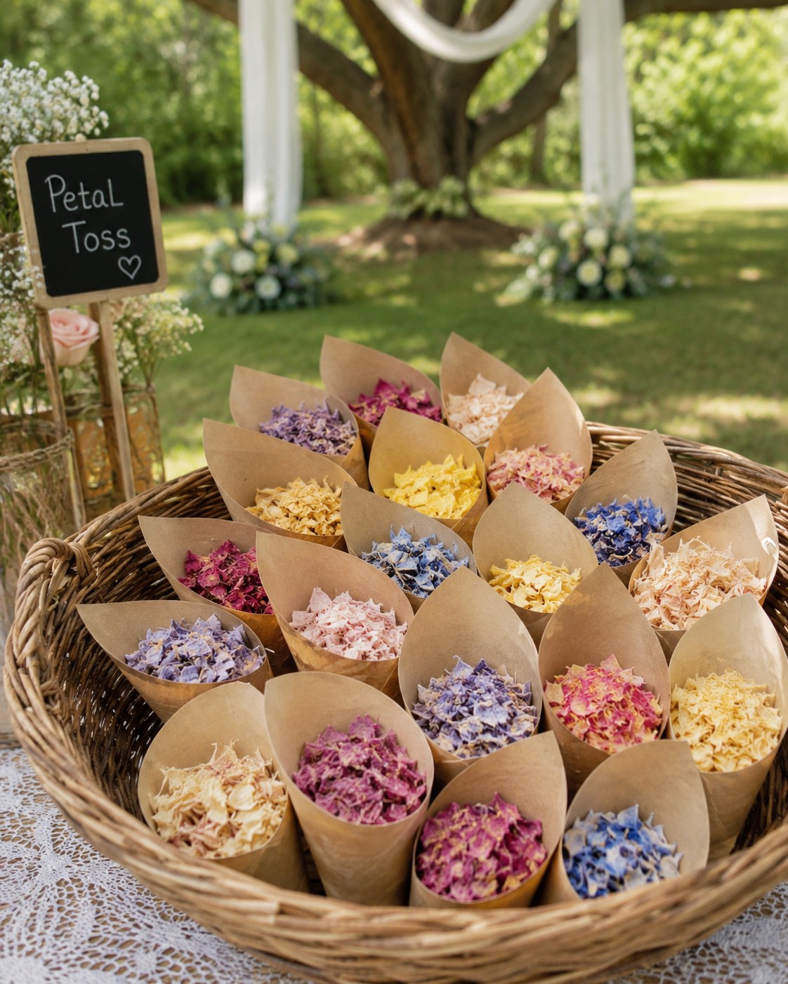 Basket of kraft paper cones filled with dried petals for a budget petal toss ceremony ritual