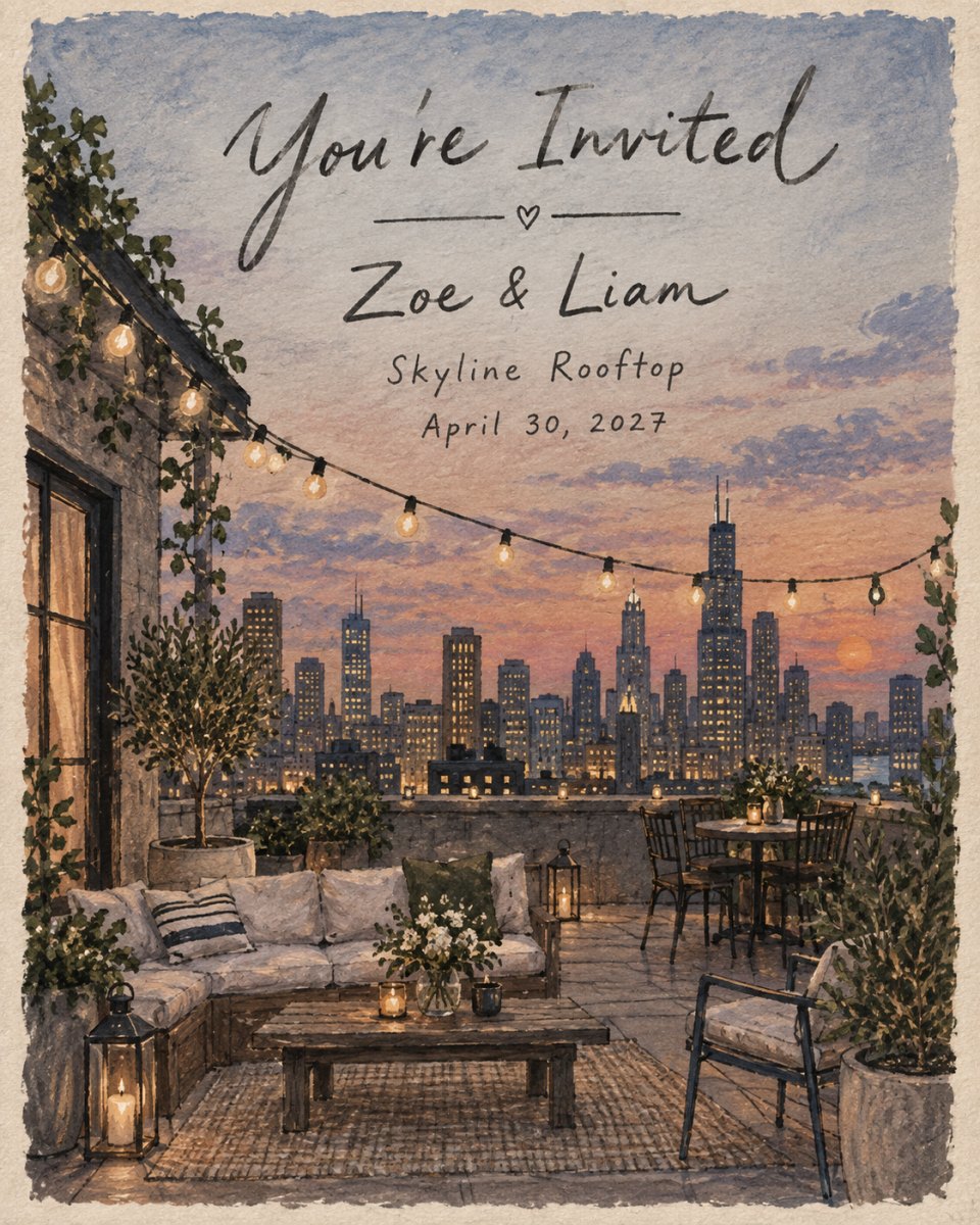 City rooftop venue invitation illustration