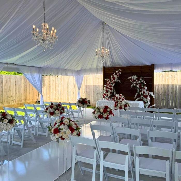 Covered outdoor backyard wedding ceremony