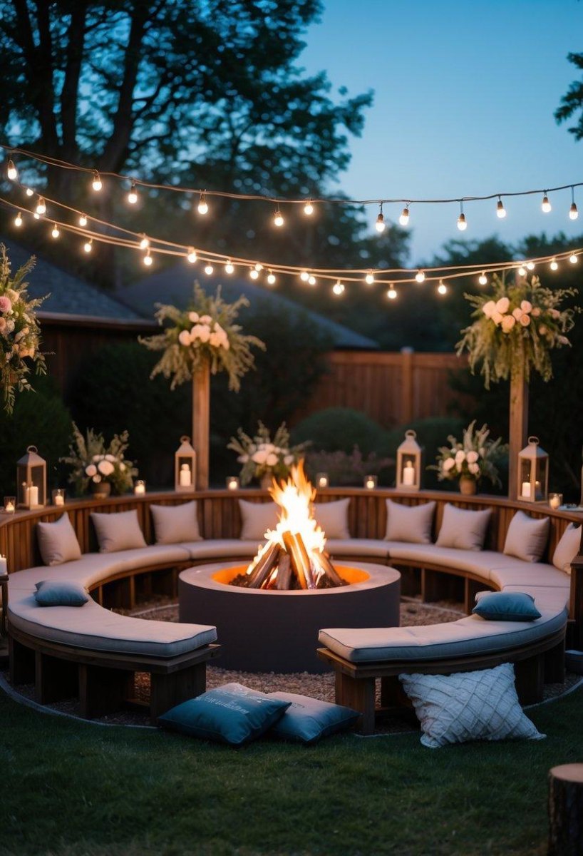 Wedding guests gathering around fire pit