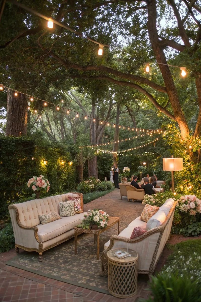 Outdoor lounge seating at garden wedding