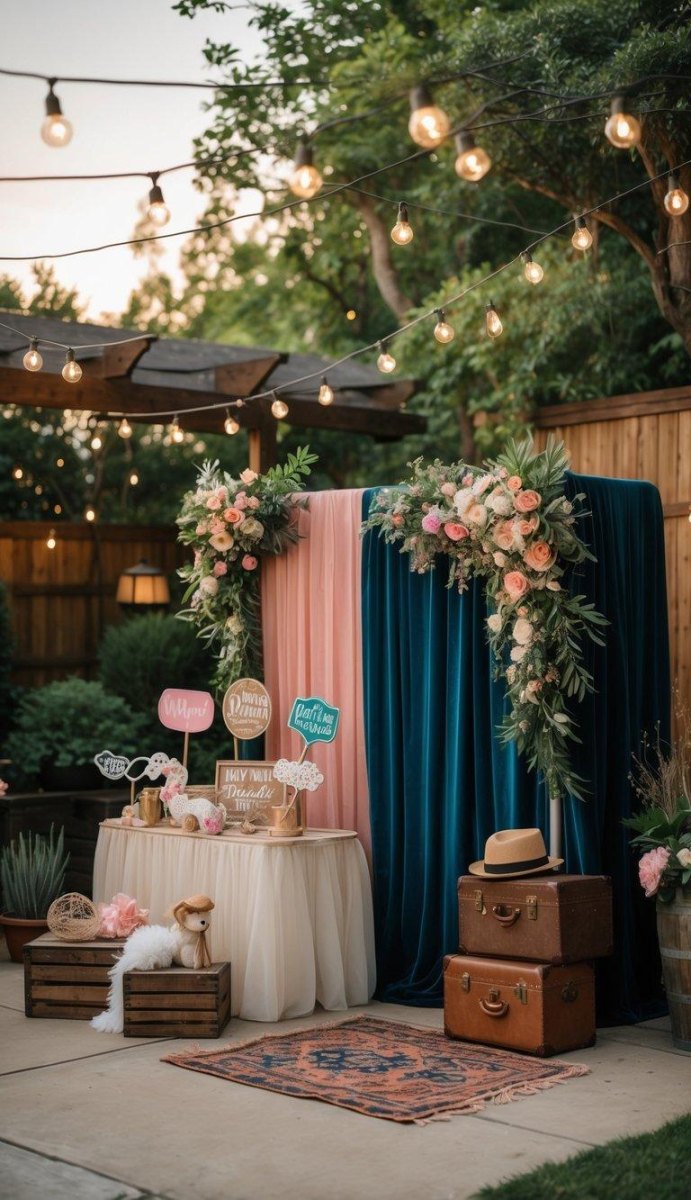 Wedding photo corner with floral backdrop outdoors