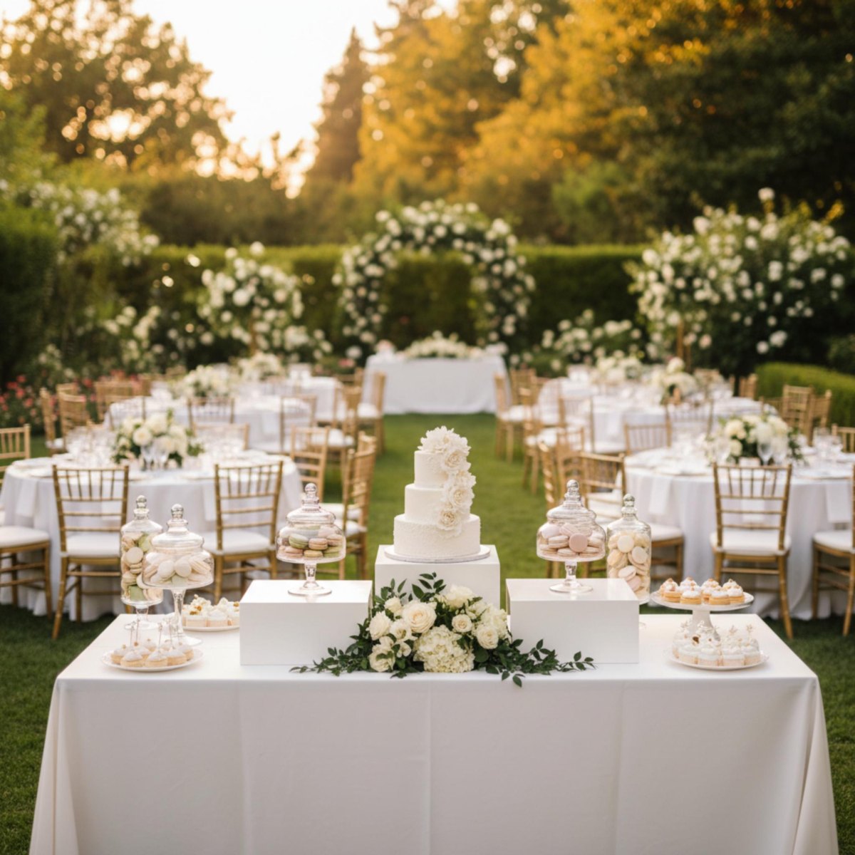 Wedding cake dessert table outdoors
