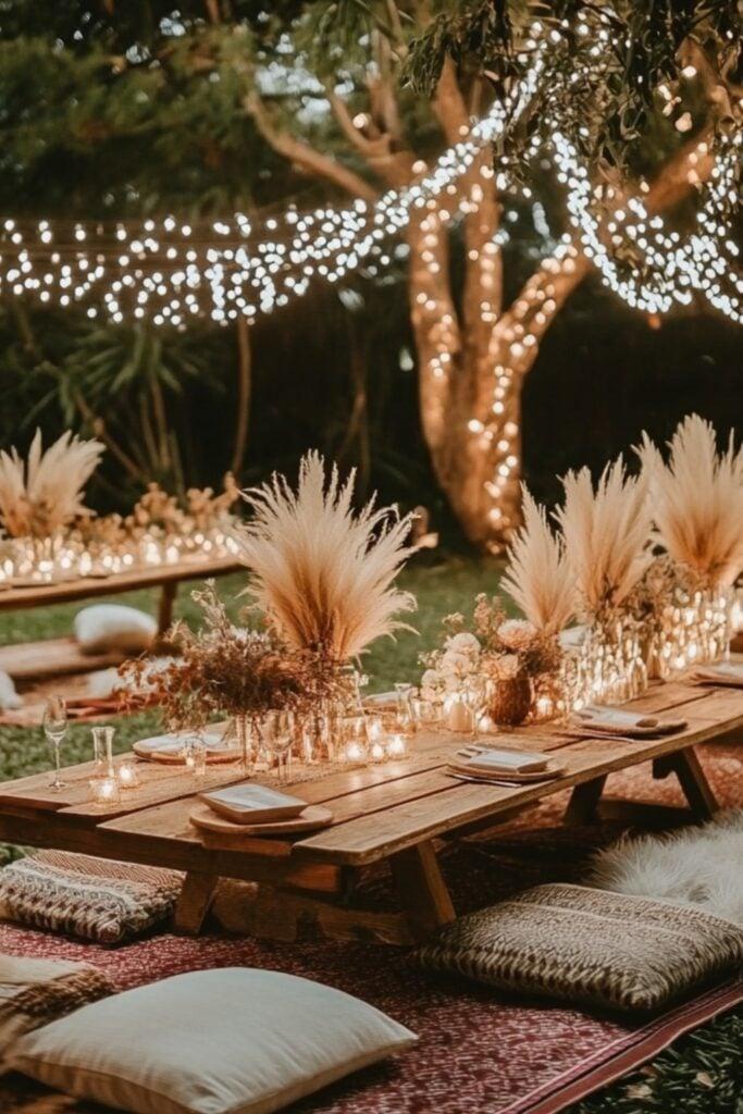 Backyard wedding string lights at night