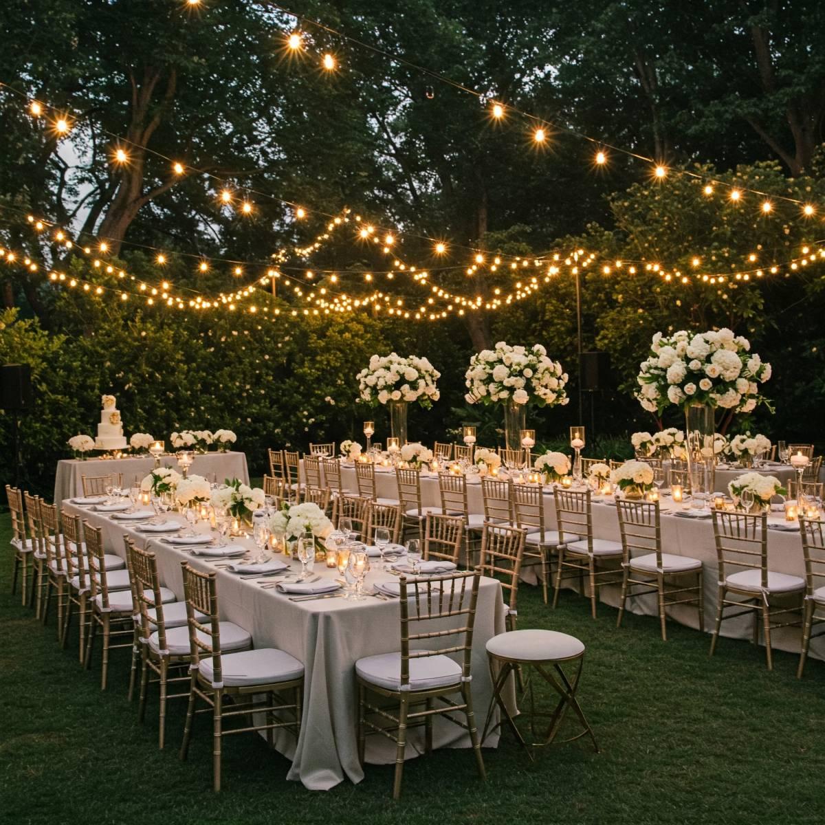 Elegant backyard wedding lighting