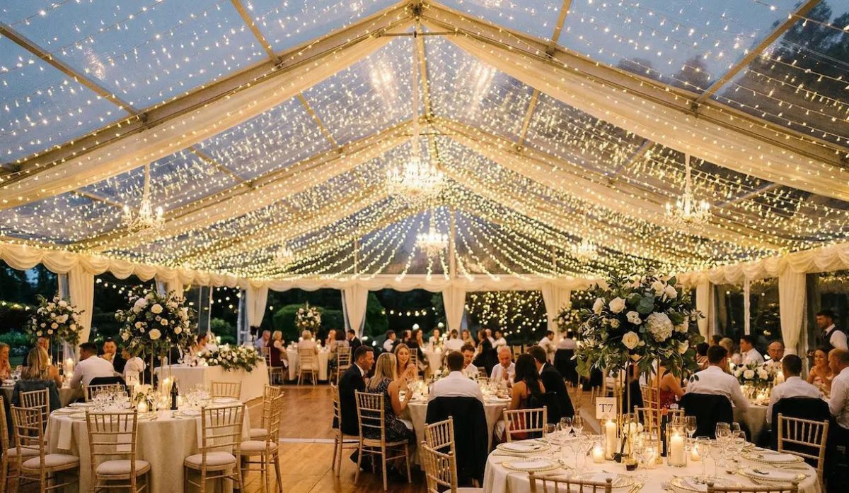 Elegant evening wedding marquee reception
