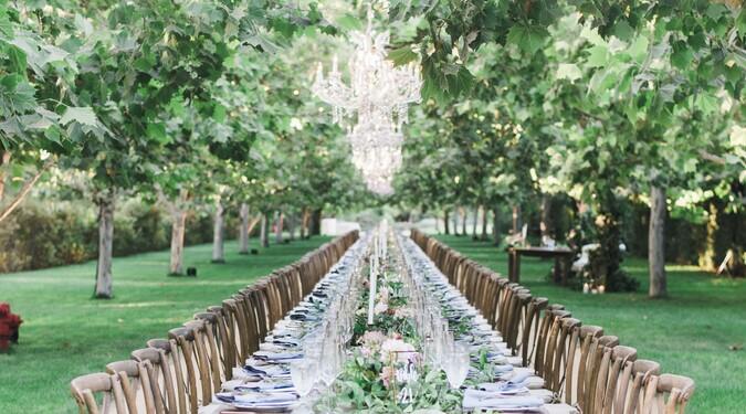 Long wedding tables beneath trees