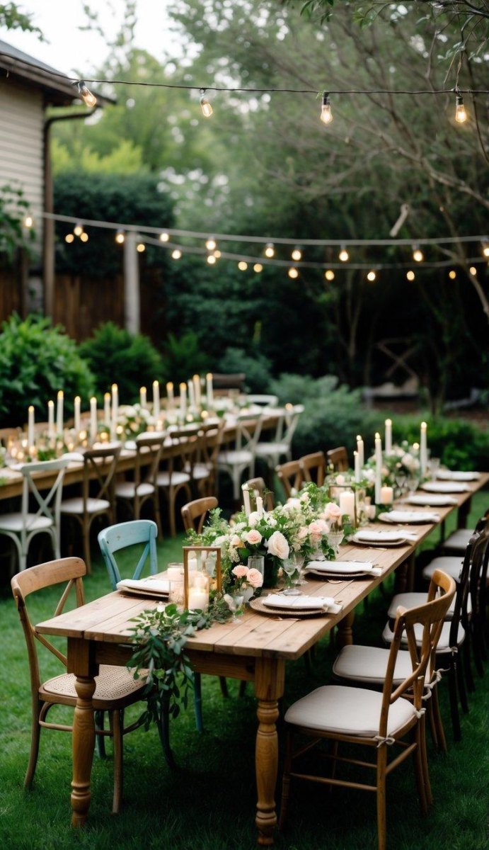 Outdoor wedding dining tables with flowers