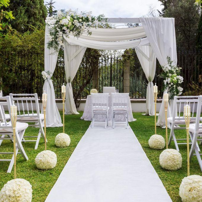 Elegant white backyard wedding decor