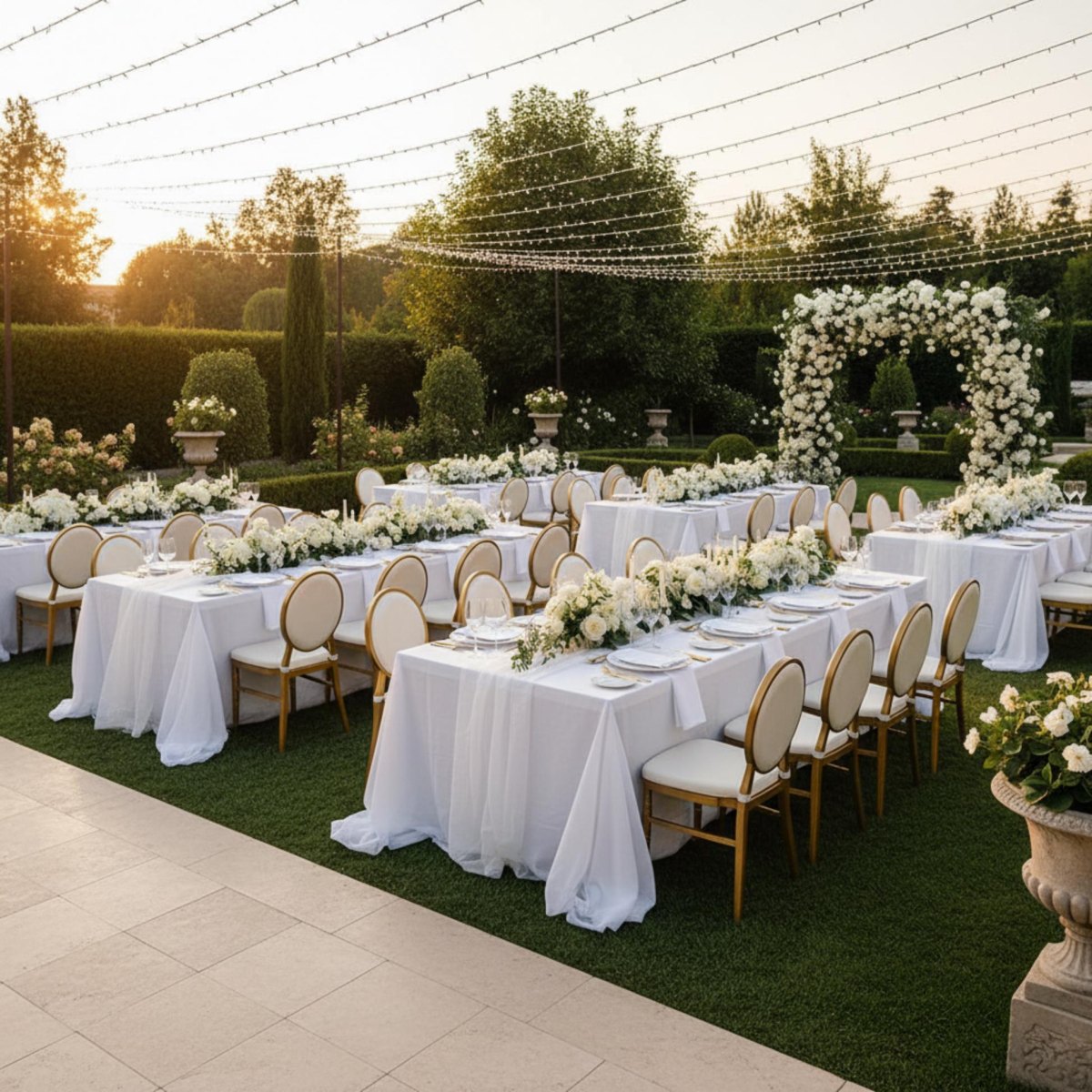 Elegant white backyard wedding decorations