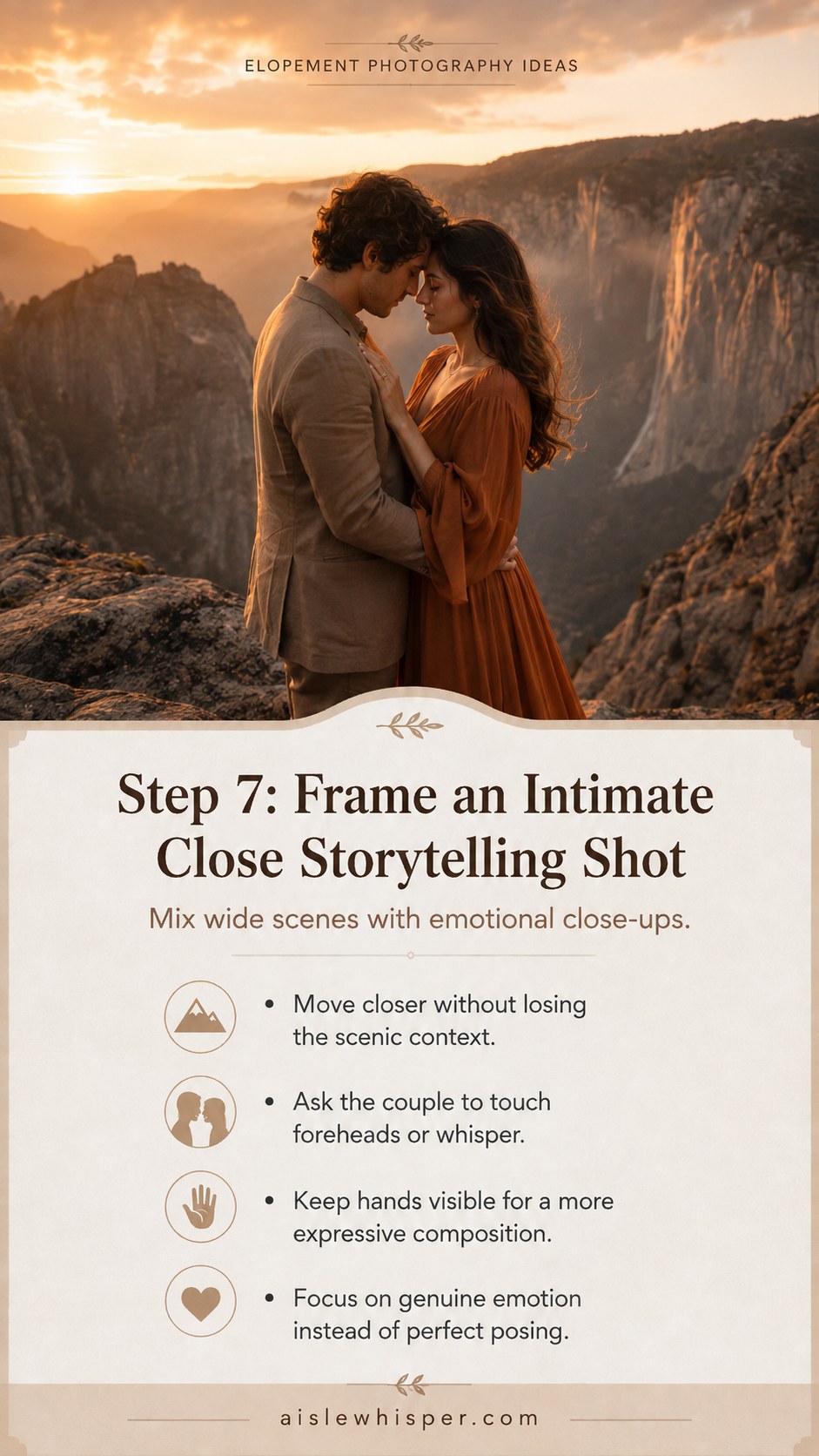 Intimate close-up elopement photography idea of foreheads touching with a canyon view softly blurred behind
