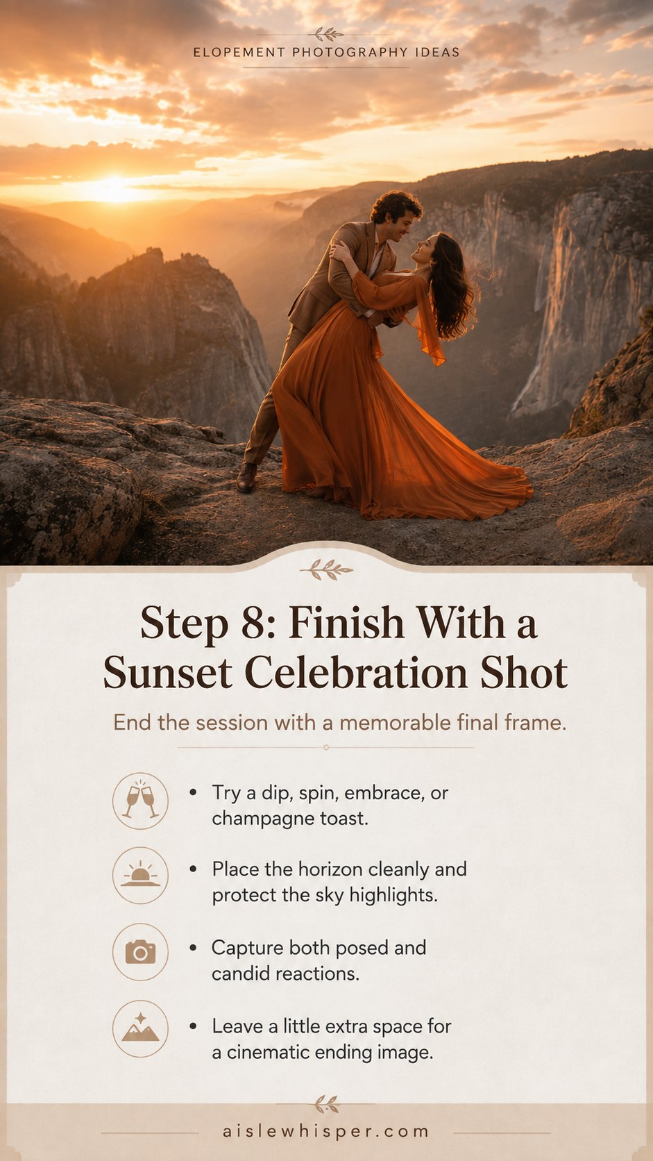 Sunset celebration elopement photography idea capturing a dip and embrace on a cliff overlook