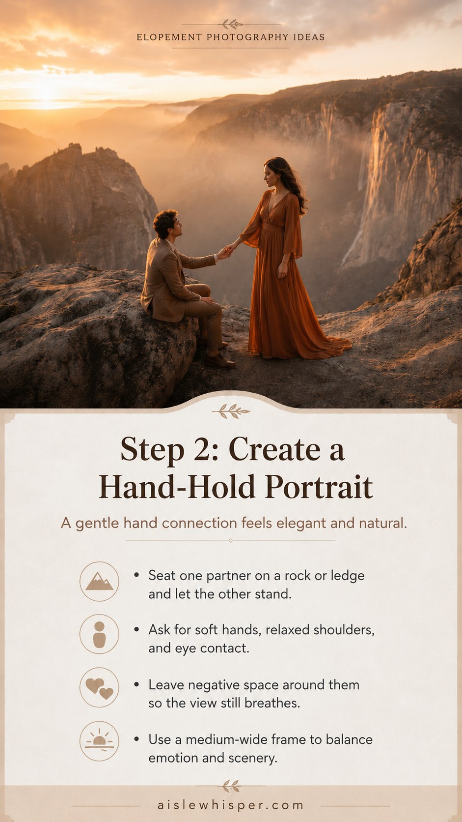 Elopement photography idea of a gentle hand-hold portrait with the couple perched on a rocky ledge